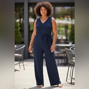 Emma & Michele Women's USA Size 10 Navy Jumpsuit Wide Leg Waist Tie W/Pockets